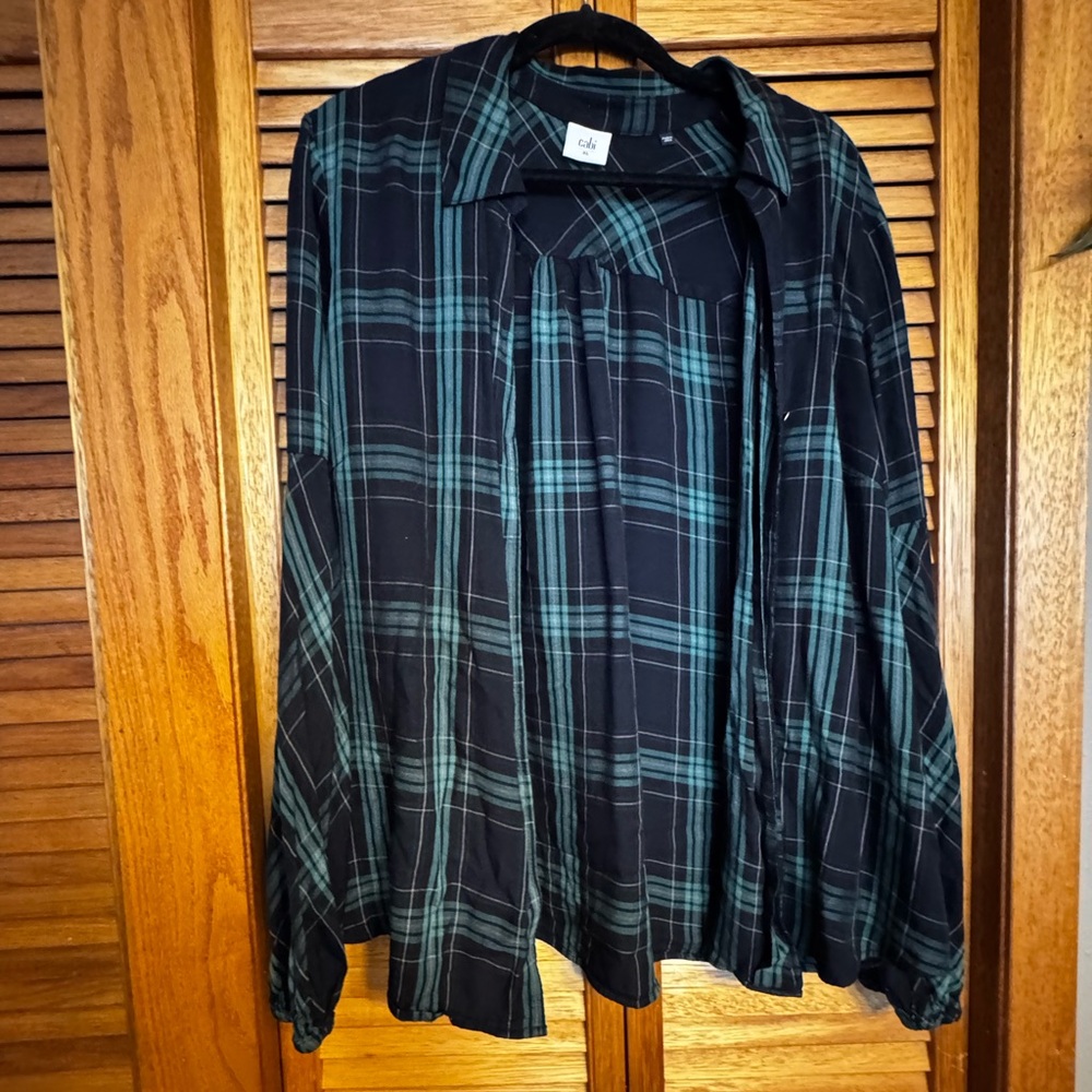 CAbi Women’s Casual Black and Green Plaid Shirt